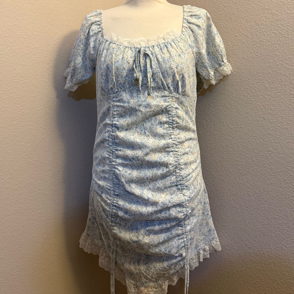 Cider Blue Floral Lace Dress w/ Lace Trim